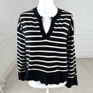 Marled Reunited Clothing Sweater Womens Large Black Striped Split V-Neck Button